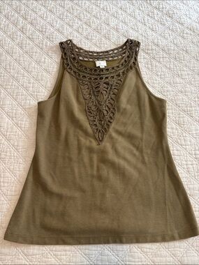 Anthropologie Sleeveless Olive Crochet Yoke Tank Top